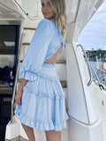 Layered Ruffled Open Back Puff Sleeve Swiss Dot Mini Dress