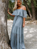 Off Shoulder Ruffle Swiss Dot Maxi Dress Short Sleeve