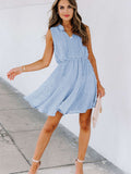 Split Neck Pom Pom Textured Flowy Mini Dress