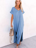 Loose Fit Cotton Blend V Neck Casual Maxi Dress with Slits