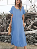 Loose Fit Cotton Blend V Neck Casual Maxi Dress with Slits