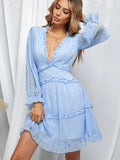Layered Ruffled Open Back Puff Sleeve Swiss Dot Mini Dress