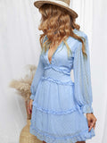Layered Ruffled Open Back Puff Sleeve Swiss Dot Mini Dress
