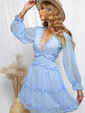 Layered Ruffled Open Back Puff Sleeve Swiss Dot Mini Dress