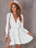Deep V Neck Lantern Sleeve Knotted Tiered Mini Dress