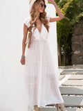 Lace Splicing Ruffled Deep V Neck Maxi Dress