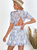 Sexy Floral Print V Neck Ruffle Backless Mini Dress