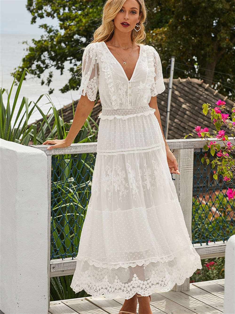 Luminous Dawn Tiered Lace Evening Party Dress Short Sleeves