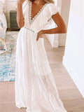 Lace Splicing Ruffled Deep V Neck Maxi Dress