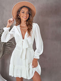 Deep V Neck Lantern Sleeve Knotted Tiered Mini Dress