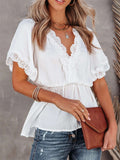 Lace Splicing V Neck Short Sleeve Blouse
