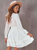 Deep V Neck Lantern Sleeve Knotted Tiered Mini Dress