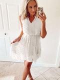 Split Neck Pom Pom Textured Flowy Mini Dress