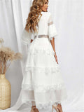 Swiss Dot Print See-through Lace Patch Layered Long Midi Dress