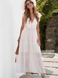 Lace Splicing Ruffled Deep V Neck Maxi Dress