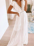 Lace Splicing Ruffled Deep V Neck Maxi Dress