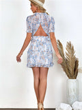Sexy Floral Print V Neck Ruffle Backless Mini Dress