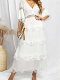 Swiss Dot Print See-through Lace Patch Layered Long Midi Dress