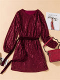 Sexy Loose Long Sleeve Sequin Mini Dress with Sash