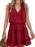 Charming Sleeveless V Neck Ruffled Swing Mini Dress
