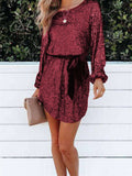 Sexy Loose Long Sleeve Sequin Mini Dress with Sash