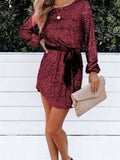 Sexy Loose Long Sleeve Sequin Mini Dress with Sash