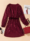 Sexy Loose Long Sleeve Sequin Mini Dress with Sash
