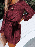 Sexy Loose Long Sleeve Sequin Mini Dress with Sash
